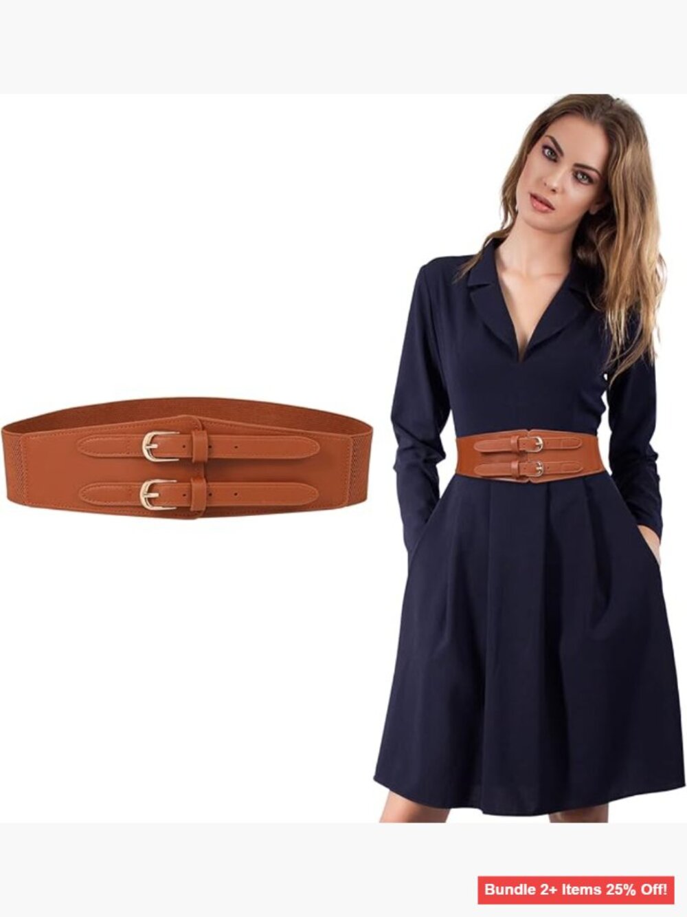 Wide Elastic Faux Leather Belt Double D-Ring Adjustable Cinch for Dresses